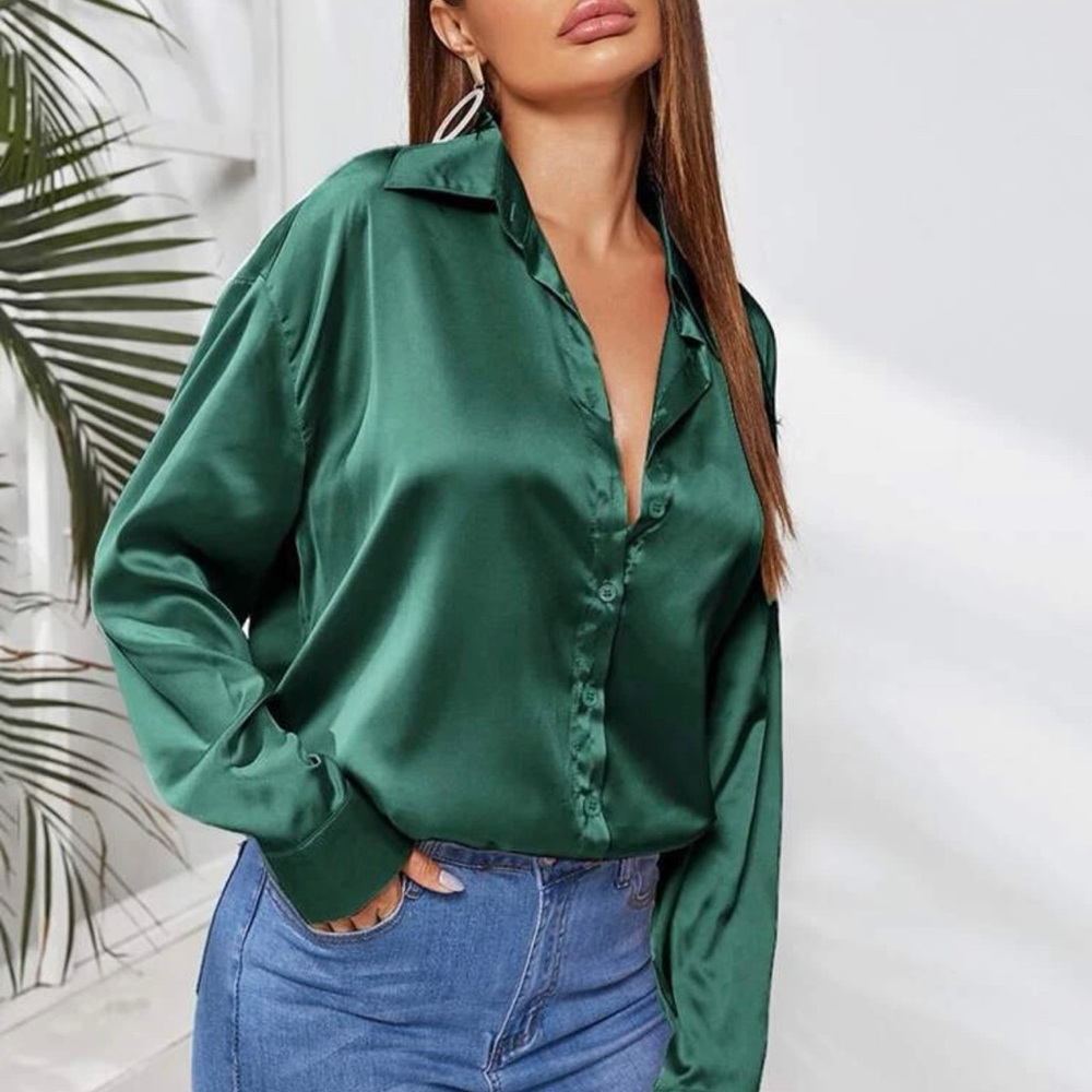 Solid Button Through Satin Shirt - image 2